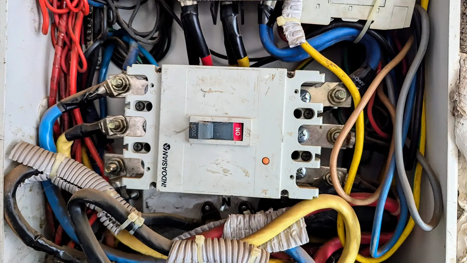 Main switch and service cabling inside a domestic meter panel