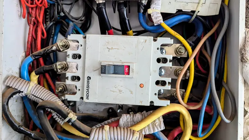 Main switch and service cabling inside a domestic meter panel